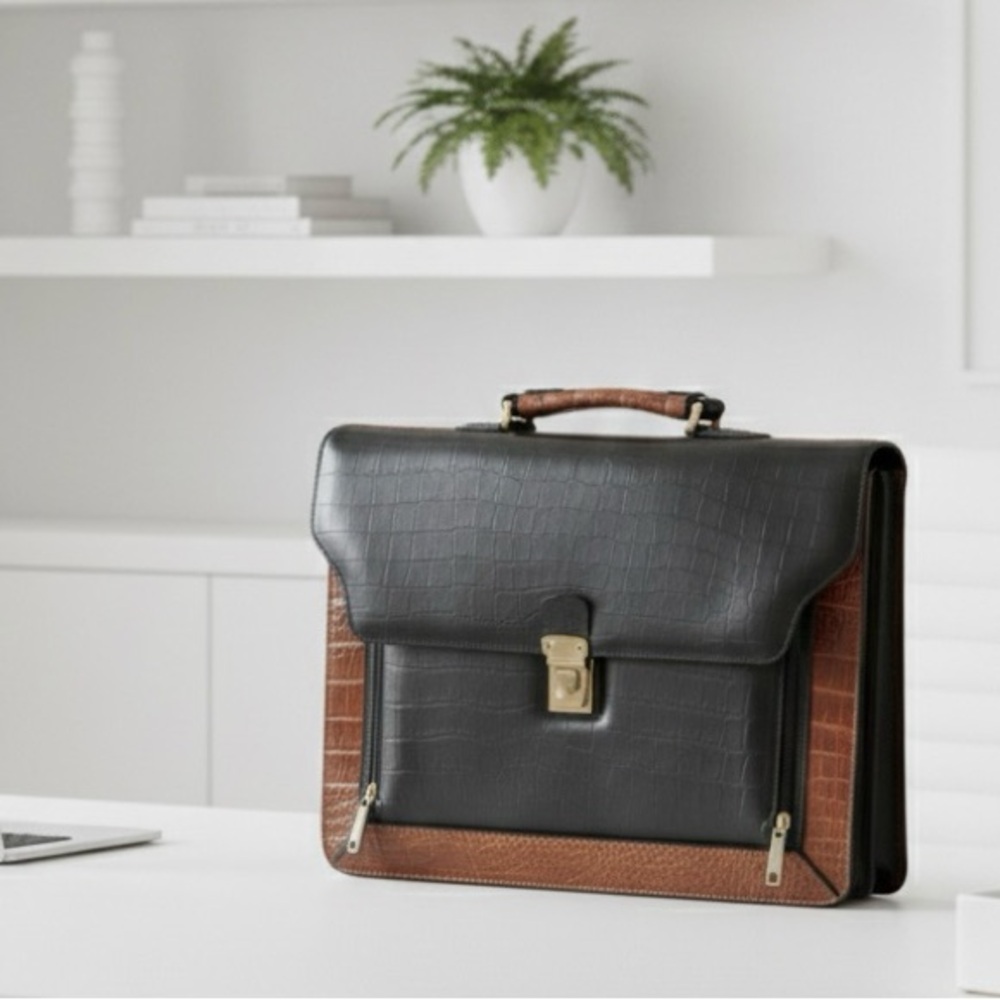 VTG ~ Bellerose Black and Brown Croc-Embossed Leather Briefcase ~